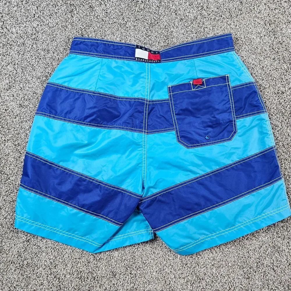 Vintage Tommy Hilfiger Shorts Mens Medium Blue Striped Swim Trunks Lined Beach